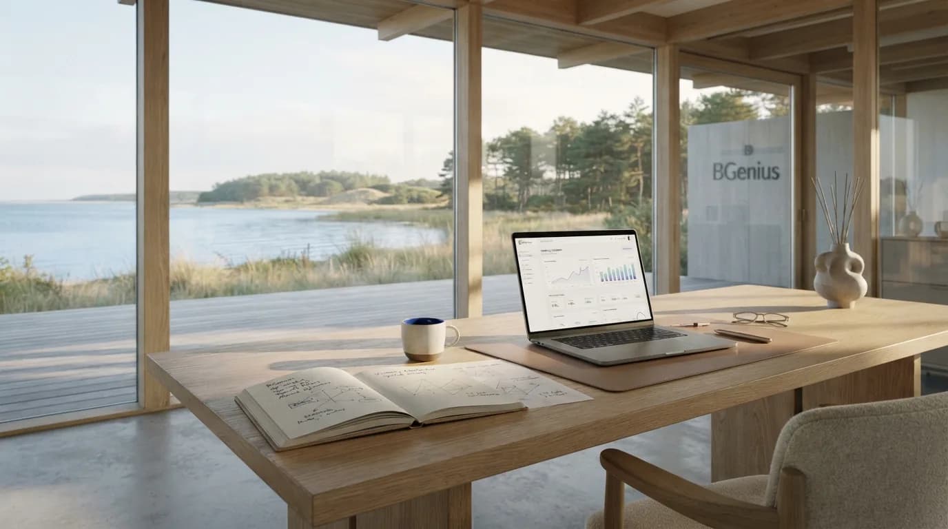 Werkplek met een laptop en een dashboard, uitkijkend over het water.
