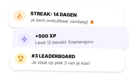 Gamification-elementen: een reeks van 14 dagen, 500 XP verdiend, en plek 3 op het klassenklassement.