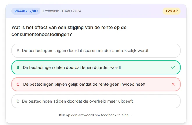 Een meerkeuzevraag economie met direct antwoordfeedback: goed, fout en het juiste antwoord gemarkeerd.