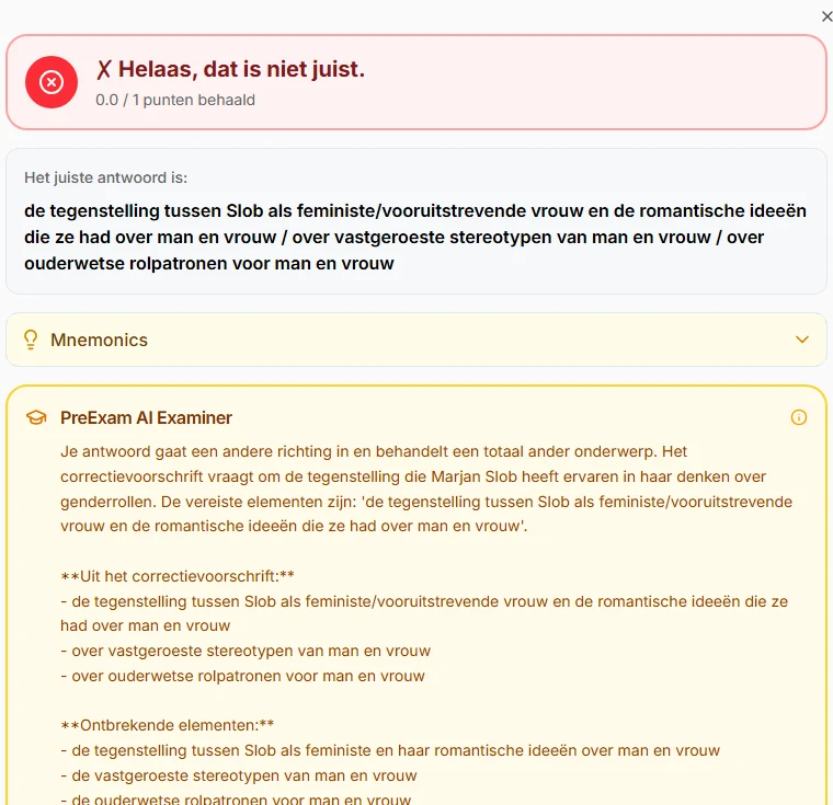 Feedback op een fout antwoord: het juiste antwoord uit het correctievoorschrift, en een toelichting van de AI-examinator over wat er ontbrak.